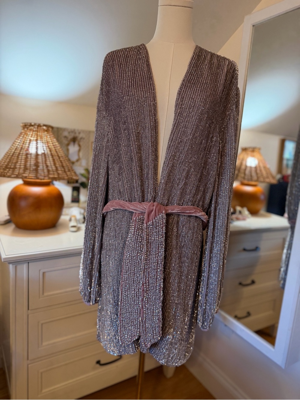 Retrofete Beaded Open-Front Jacket in Mauve with Pink Velvet Belt